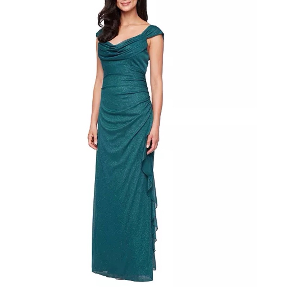 Alex Evenings Sleeveless Green Glitter Mesh Gown Draped Neckline Ruched Size 8